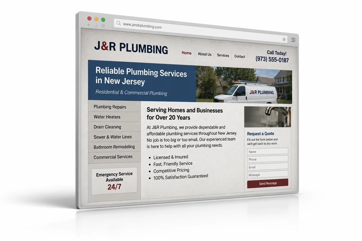 An outdated plumbing website transformed into a polished modern website with a matching mobile experience.